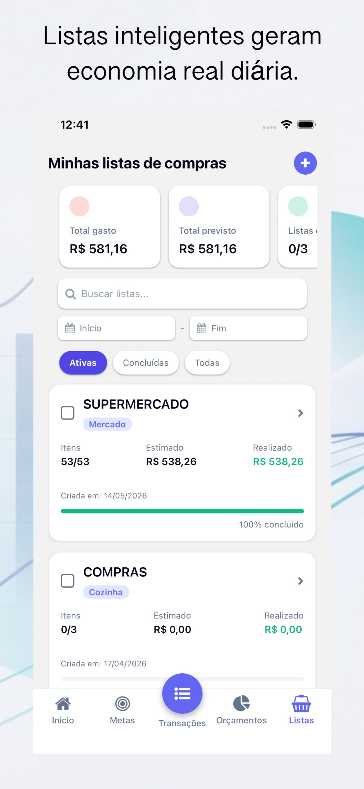 Tela de listas de compras do Moneyzin com total gasto, total previsto e lista de supermercado 100% concluída